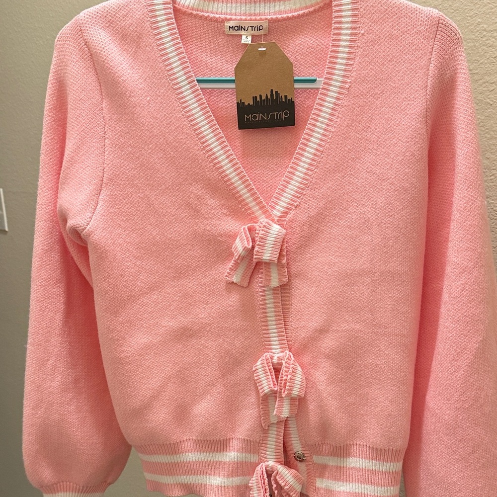 #176. Main Strip Pink Bow-Accent Cardigan